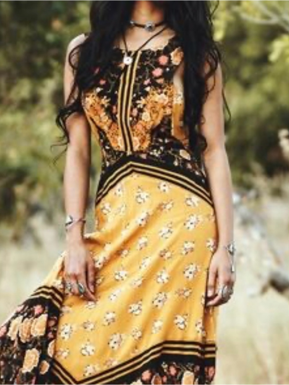Free People - Boho Floral Yellow Maxi Dress with Black Trim